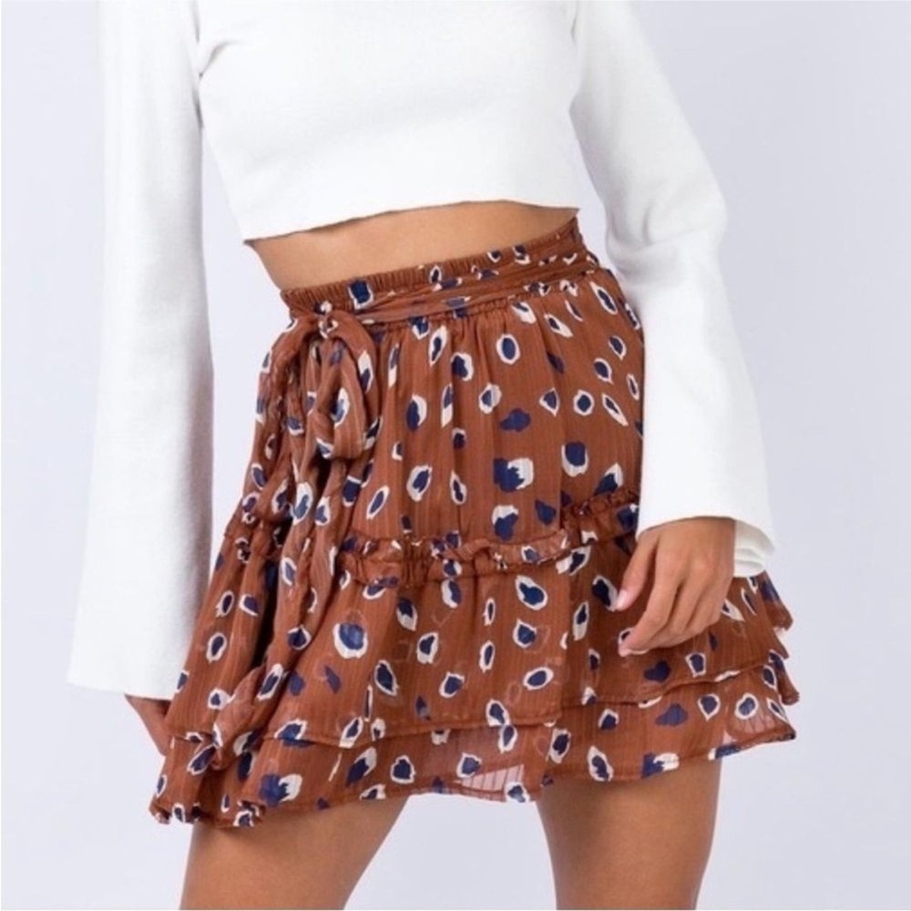 Polly Skirt Womens 8 Brown Animal Print Ruffle Tiered Mini Lined Elastic‎ Waist
